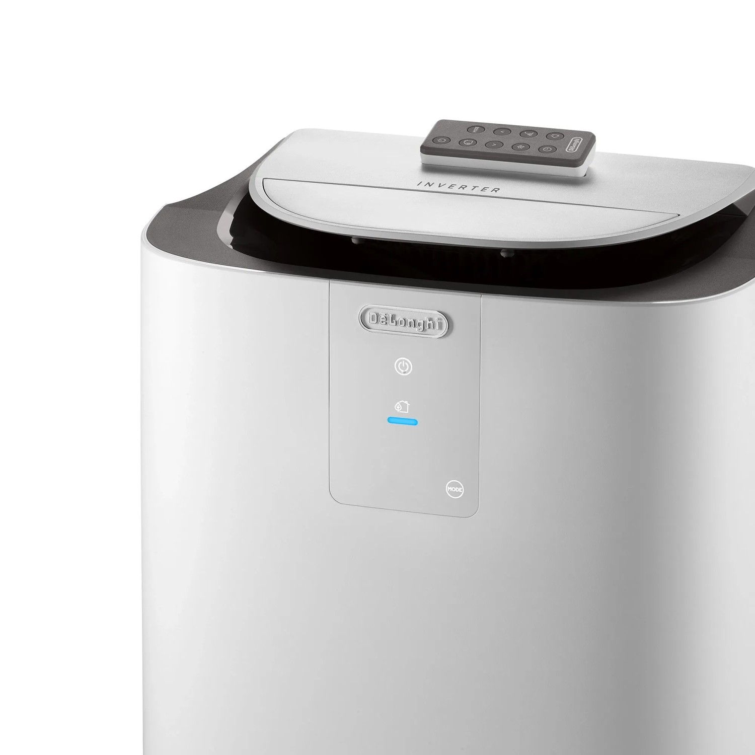 De'Longhi PAC-AP140i Klimagerät, mobil, weiß, mit Fernbedienung auf der Oberseite.