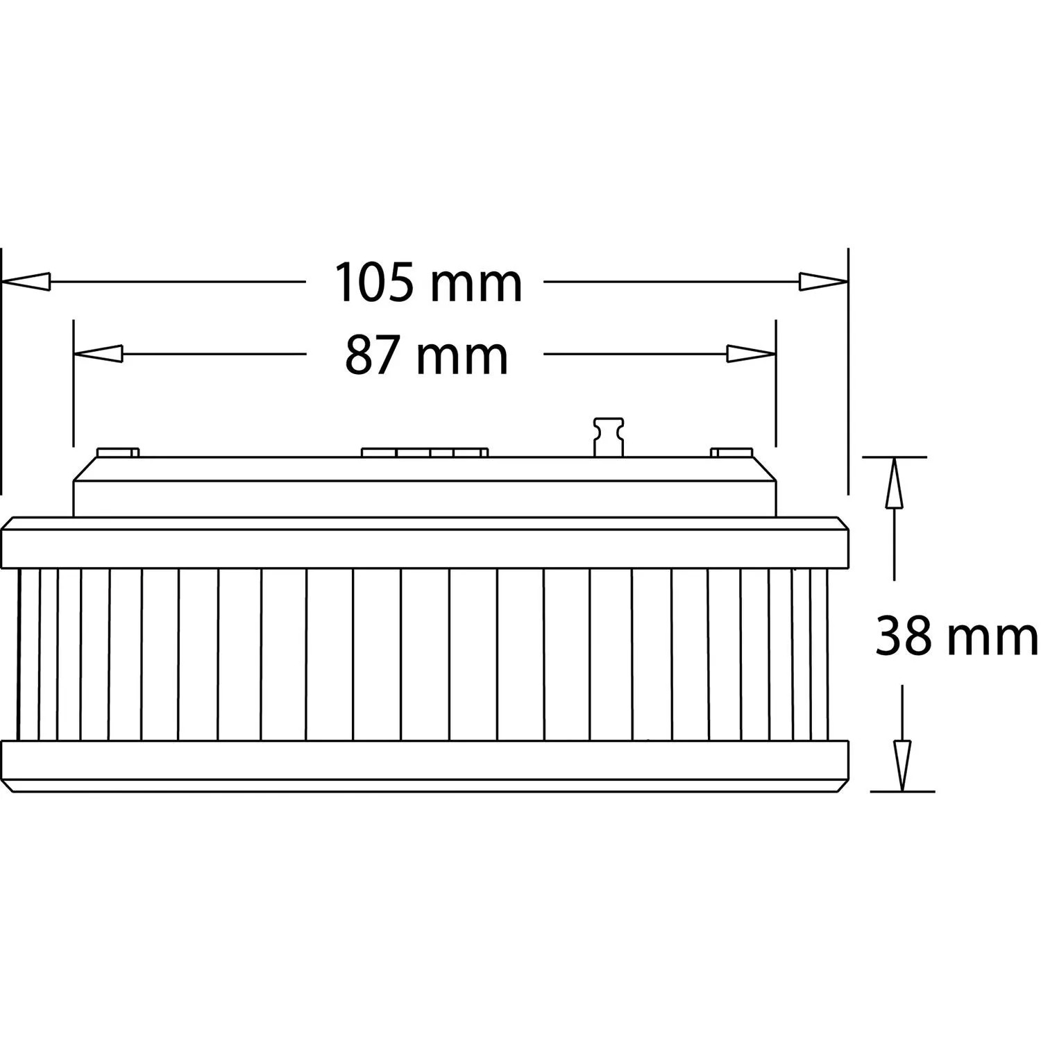Technische Zeichnung Pyrexx PX-1 Rauchmelder: Abmessungen 105 x 38 mm, Durchmesser 87 mm.