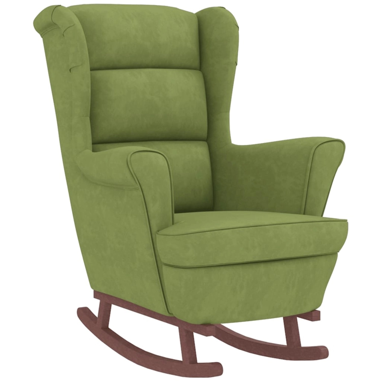 Hellgrüner Schaukelsessel mit Hocker, Samtbezug und Holzbeinen für entspannte Stunden.