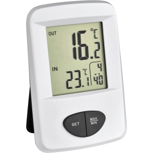 Weißes TFA Funk-Thermometer Base zur Anzeige von Innen- und Außentemperatur.