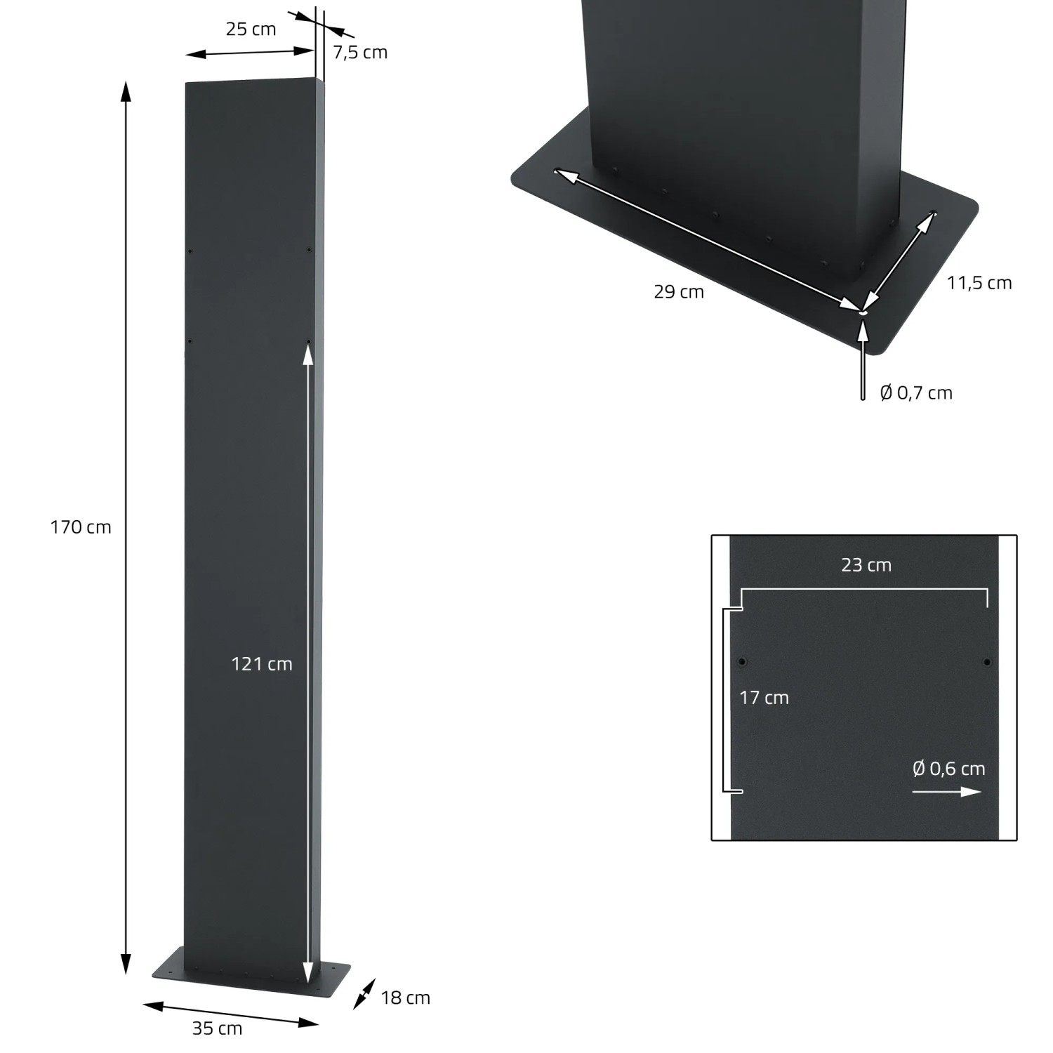 ML-Design Standbriefkasten Anthrazit mit Zeitungsfach, Maße und Details dargestellt.