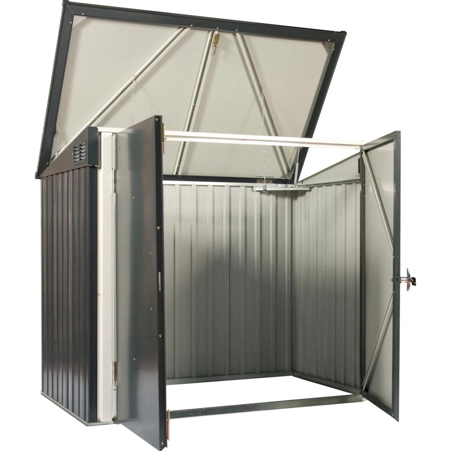 Offene Duramax Mülltonnenbox, 154x130x96cm, Anthrazit/Weiß, für 2 Tonnen. Doppeltür und Deckel geöffnet.