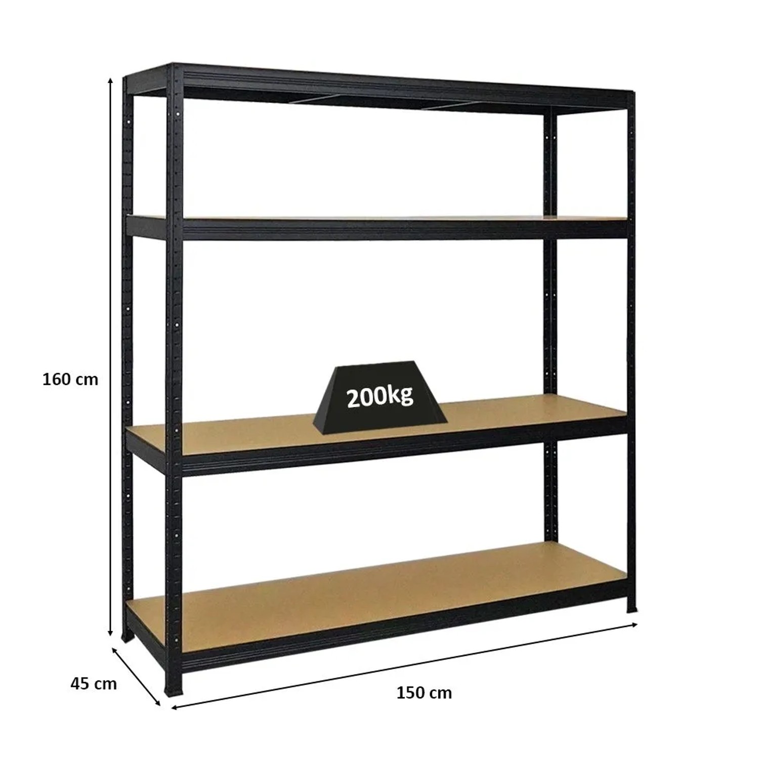 Schwarzes PROREGAL Schwerlastregal Giant Elephant, 160x150x45 cm, mit 4 MDF-Fachböden und 200 kg Fachlast.