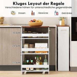 Schmaler weißer Küchenwagen mit brauner Holzplatte, 4 offenen Regalen und Rollen, gefüllt mit Gewürzen und Flaschen.