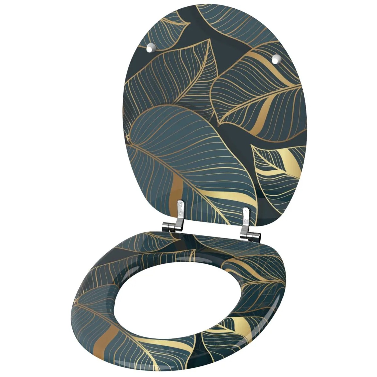 SANILO WC-Sitz Monstera aus Holz mit Blattmuster in Gold und Grün.