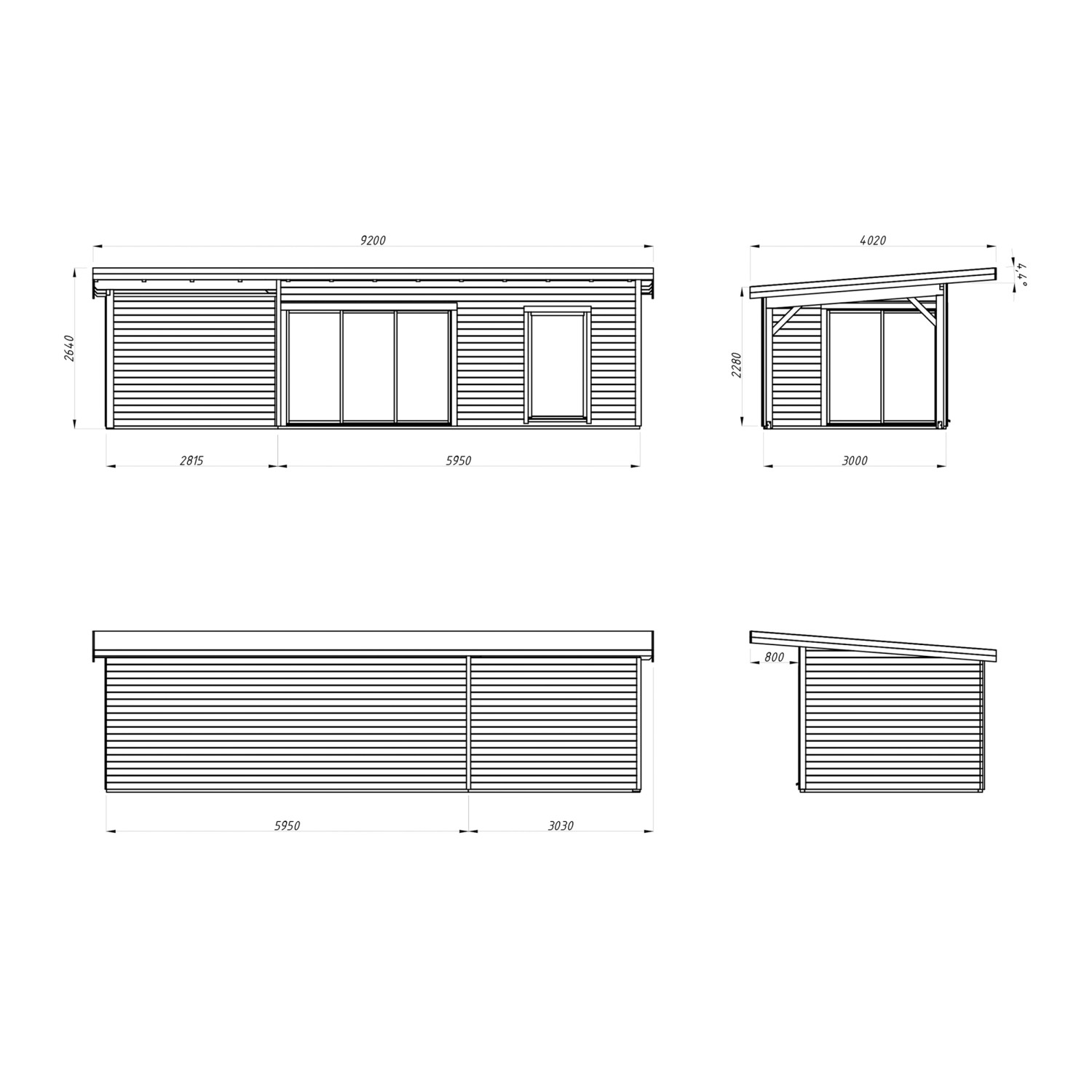 Technische Zeichnung Palmako Gartenhaus Andrea Slide, naturbelassen, mit Maßen.