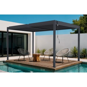 Freistehende, graue Cazeboo Piana Bioklimatische Pergola 4x3m aus Aluminium mit Stahl-Lamellen und Kurbel.