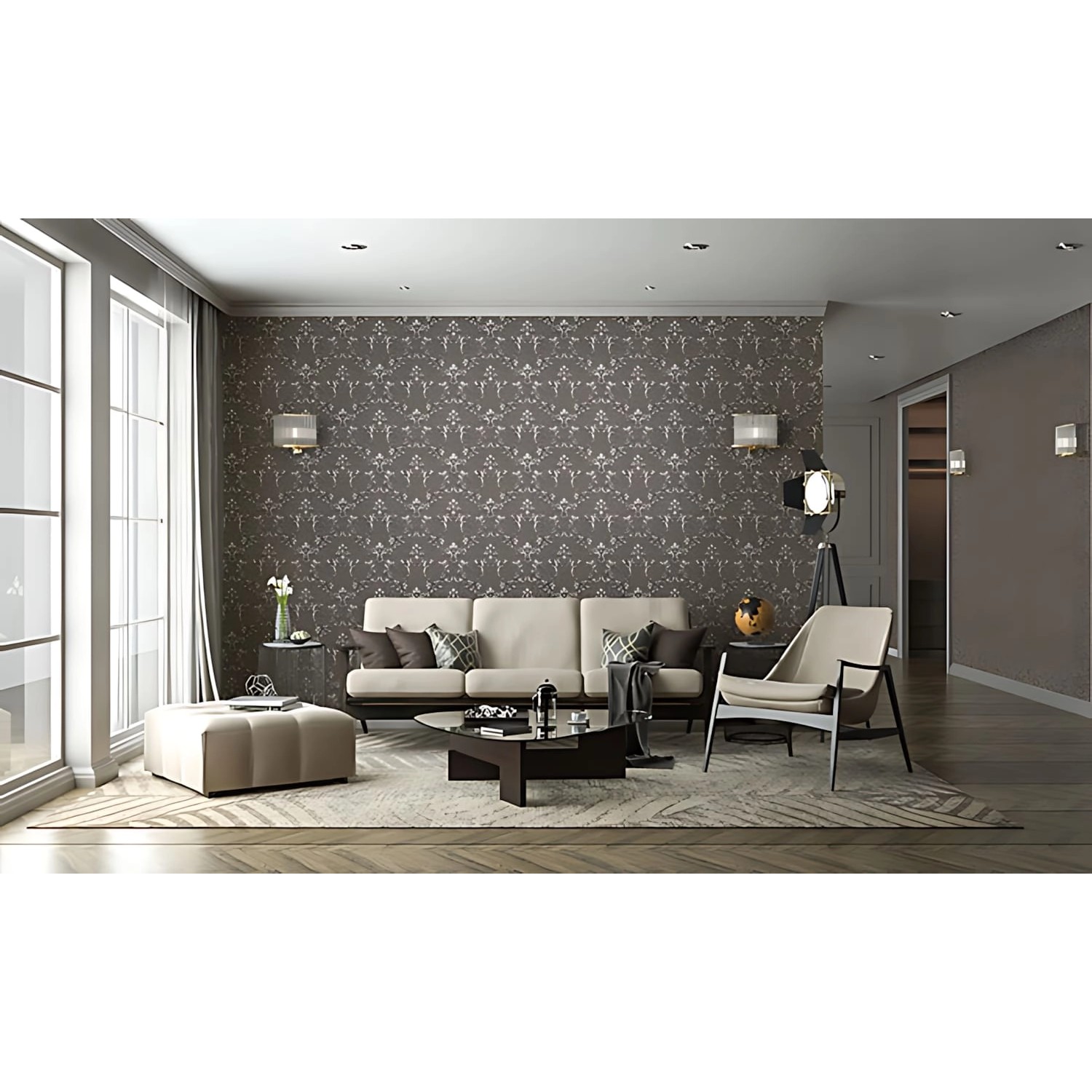 Wohnzimmer mit grauer Barock Vliestapete (EDEM 9085-29) mit floralem Muster in Silber und Platin.