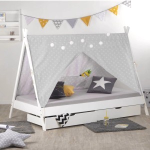 Weißes Homestyle4u Kinderbett 90x200 als Hausbett mit grauem Zeltstoff, Sternen und 2 Bettkästen aus Kiefernholz.