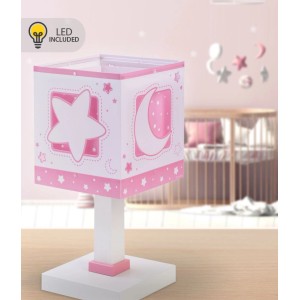 Rosa Dalber Nachttischlampe mit LED Nachtlicht, Luna und Sterne Design für Kinderzimmer.
