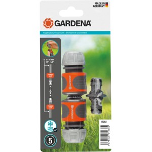 Gardena Kupplungs-Satz für 13 mm (1/2) und 15 mm (5/8) Schläuche, inklusive Schlauchverbinder und Wasserstop.