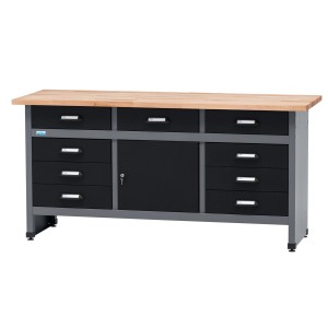 Küpper Werkbank mit 9 Schubladen, Tür und Buchenholzplatte, schwarz-hellgrau.