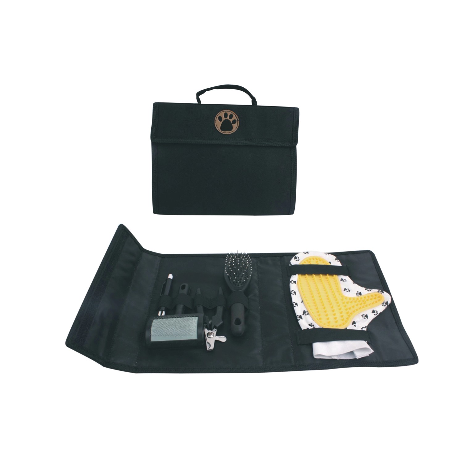 Heim Hundefell-Pflegeset, 5-teilig, mit Tasche, Bürsten, Krallenschere und Zeckenzange.