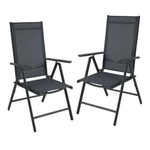 Zwei anthrazitfarbene SVITA Gartenstühle, Hochlehner, klappbar, aus Aluminium mit Textilgewebe. Für Balkon & Terrasse.