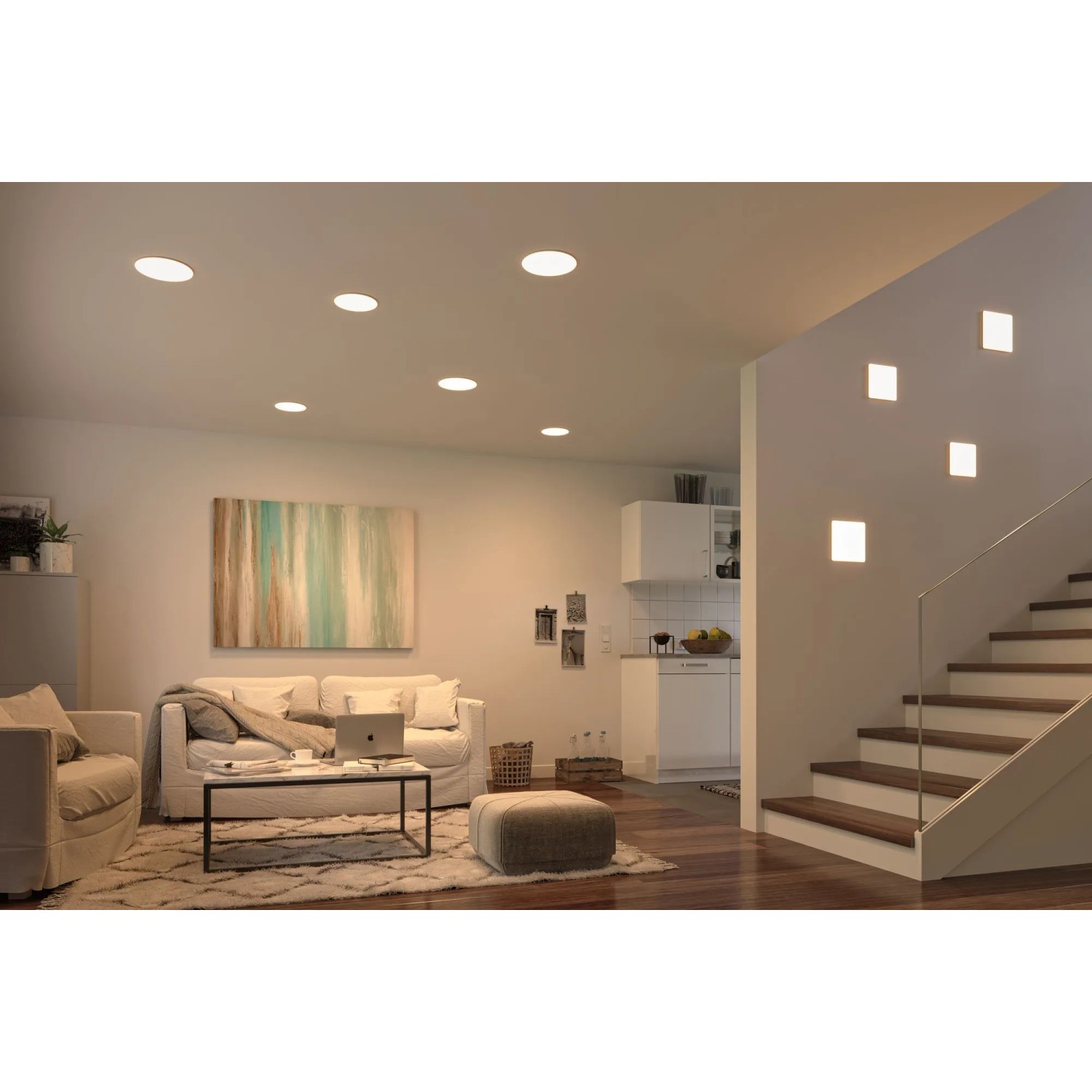 Wohnraum mit Paulmann LED-Einbaupanel Veluna, dimmbare, runde Einbaustrahler für angenehmes Licht.