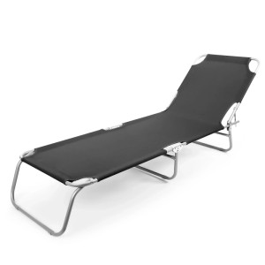 Schwarze, klappbare Sonnenliege mit verstellbarer Rückenlehne für Garten, Balkon und Strand.