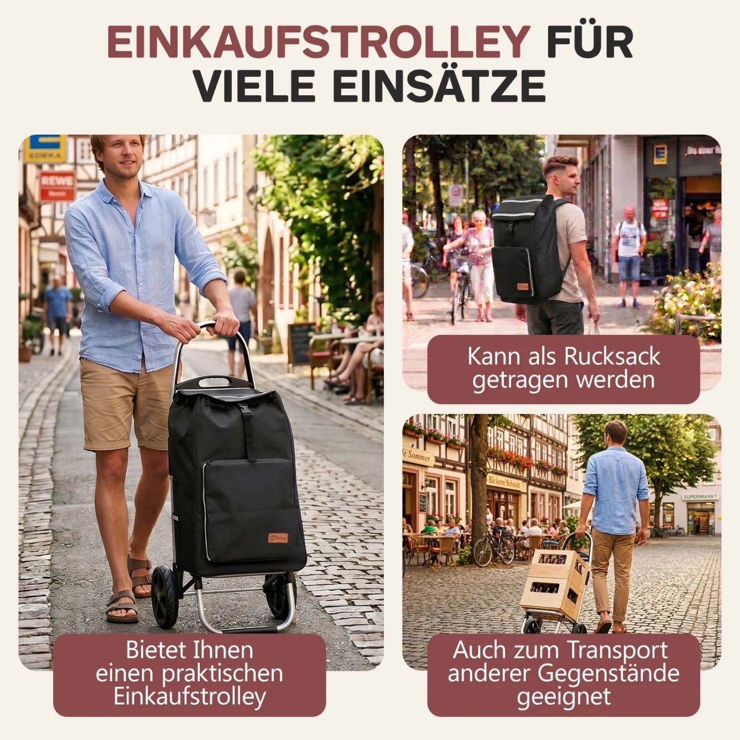 Sekey Einkaufstrolley mit Kühlfach, als Rucksack tragbar, Aluminiumrahmen, 50L, schwarz.