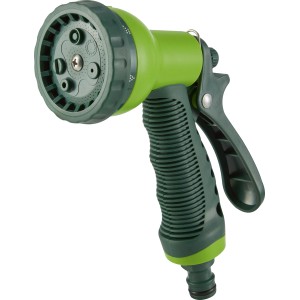 Grüne Multifunktionsbrause mit 7 Strahlvarianten für Gartenschlauch.