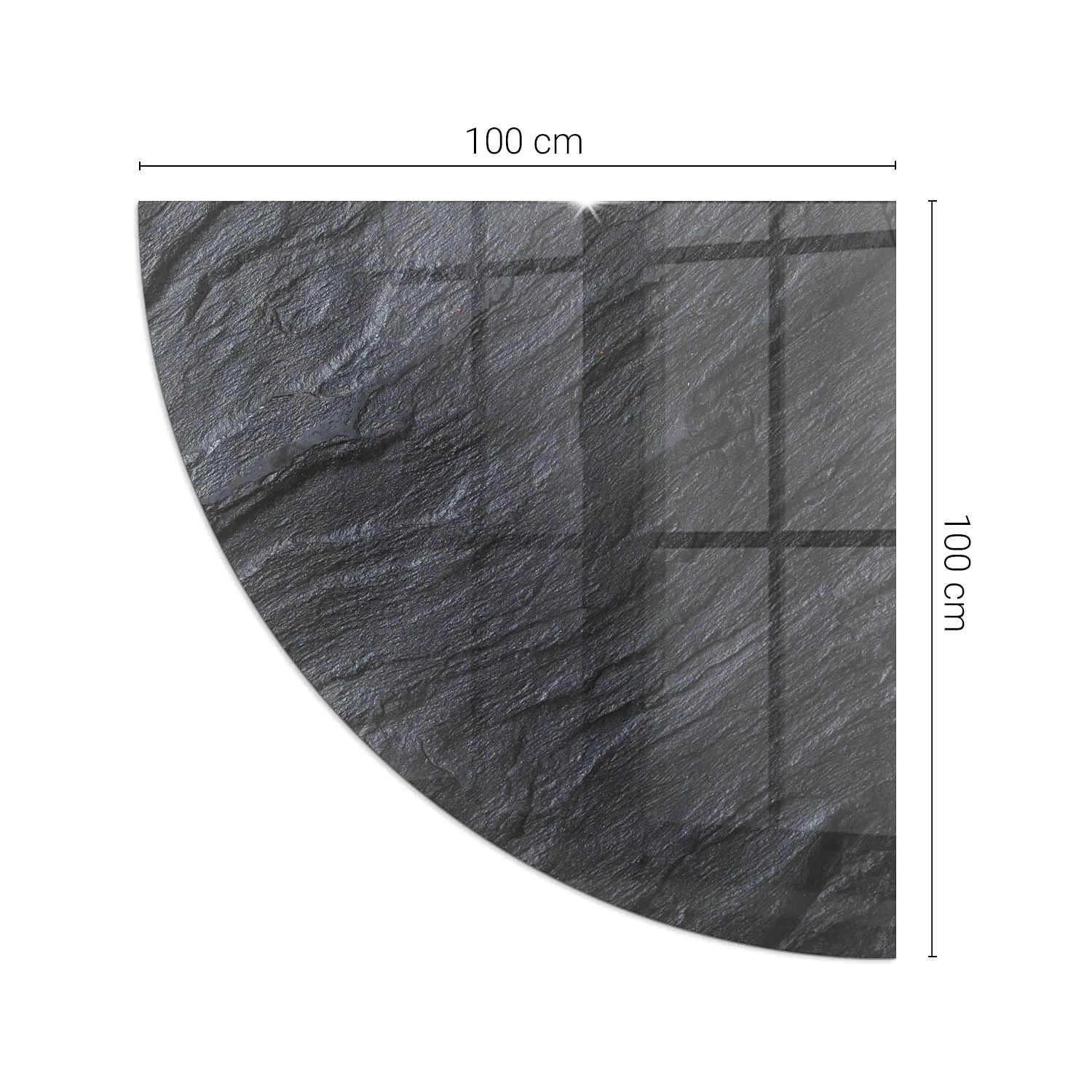 Schwarze Tulup Glasplatte (100x100 cm) in Viertelkreisform mit Steinoberfläche für Kaminöfen.