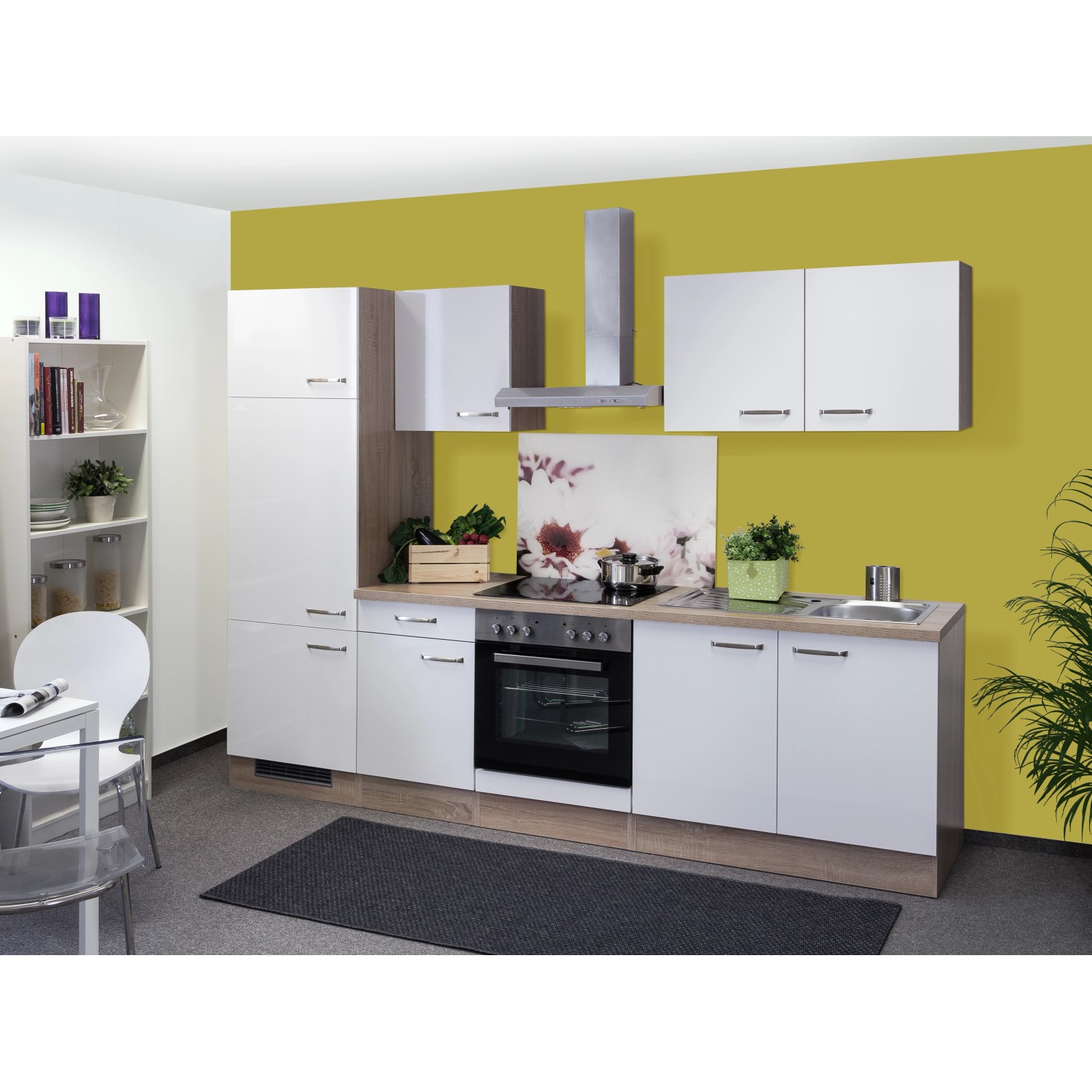 Flex-Well Exclusiv Küchenzeile/Küchenblock Valero 270 cm Hochglanz Weiß-Sonoma Eiche