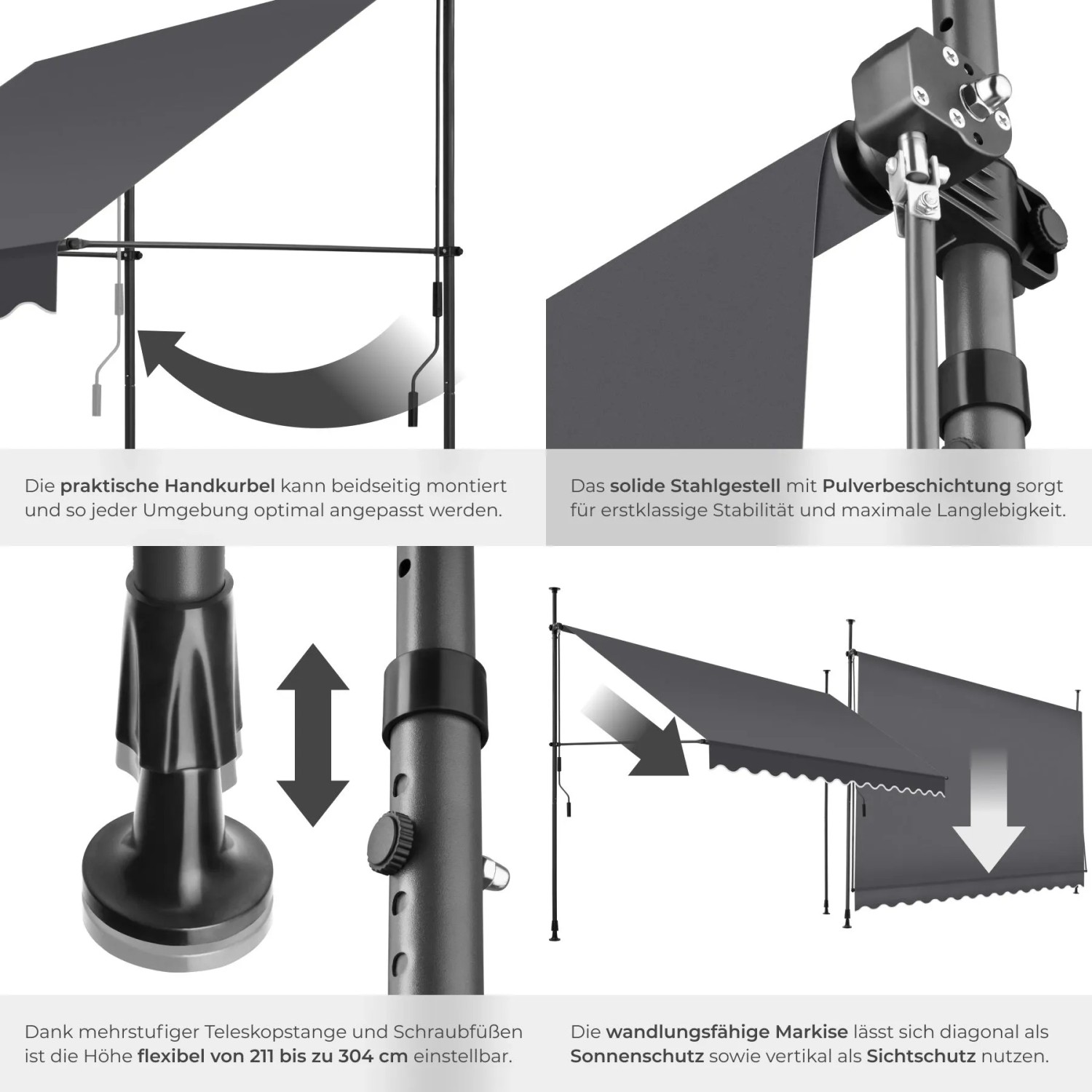 Tectake Klemmmarkise Schwarz Grau: Handkurbel, pulverbeschichtetes Stahlgestell, verstellbare Teleskopstangen, Sonnen- & Sichtschutz.