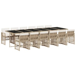 13-tlg. Garten-Essgruppe aus beigem Poly Rattan mit Glasplatte und cremeweißen Kissen.