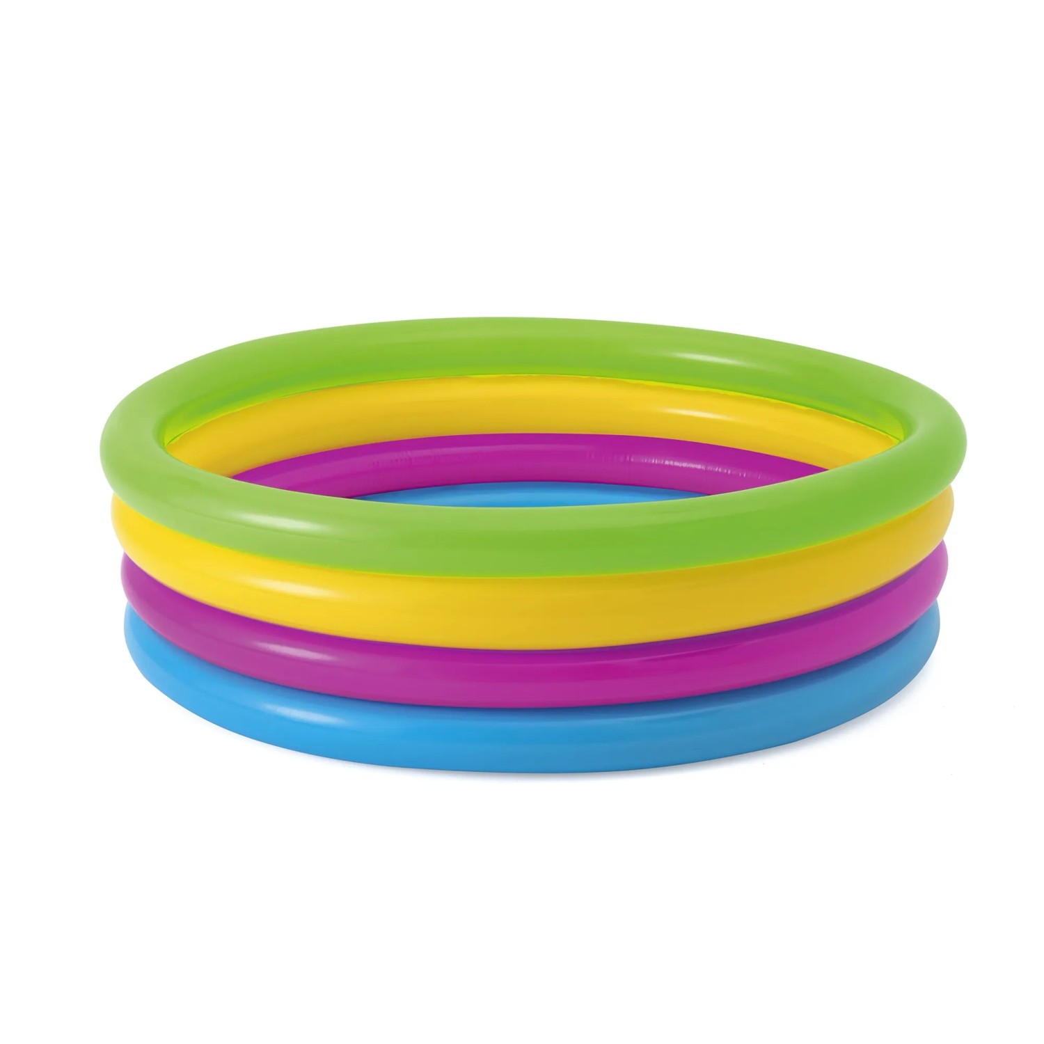Bestway Planschbecken Swim Squad mit vier bunten Luftringen (grün, gelb, pink, blau).