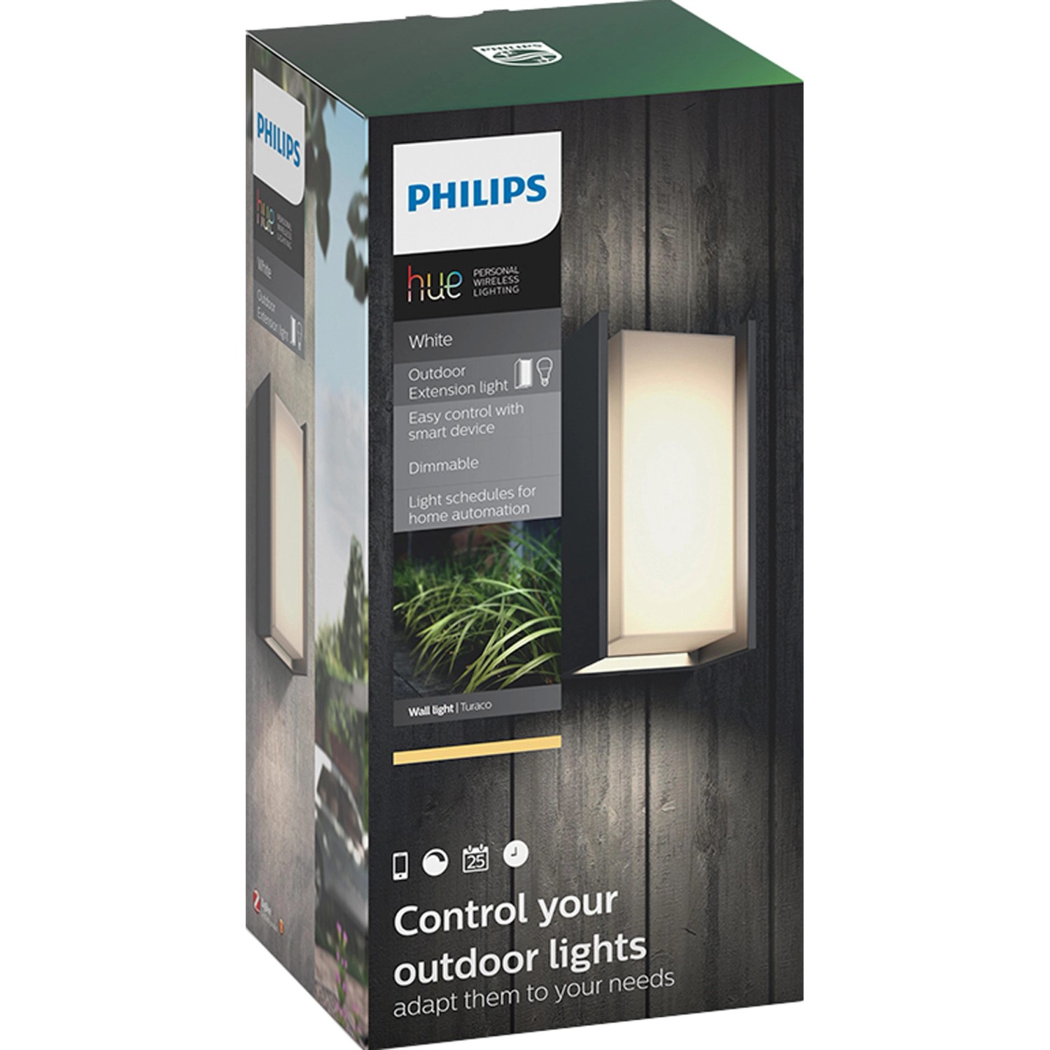 Verpackung der Philips Hue Turaco LED-Wandleuchte in Anthrazit. Smarte Außenleuchte.