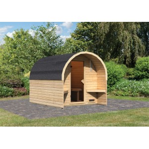 Karibu Fasshaus 2: Saunahaus aus Fichte mit bronzierter Tür und schwarzem Dach.