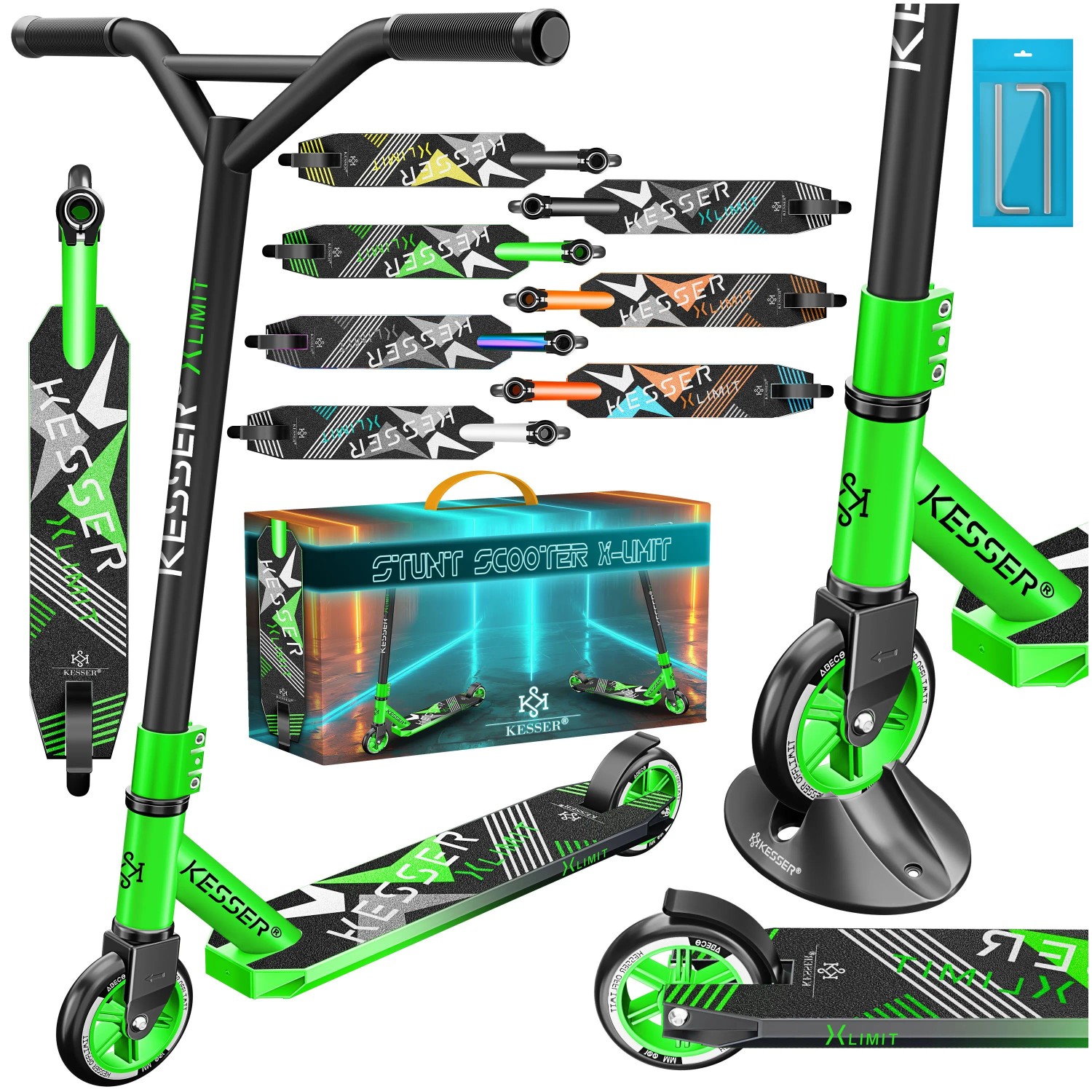 KESSER Stuntscooter X-Limit 360° Lenkung ABEC 9 100 mm PU Räder Grün Schwarz