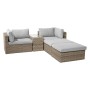 5-teiliges Lounge-Set Olea aus Polyrattan in Sand mit grauen Kissen und Glasplatte.