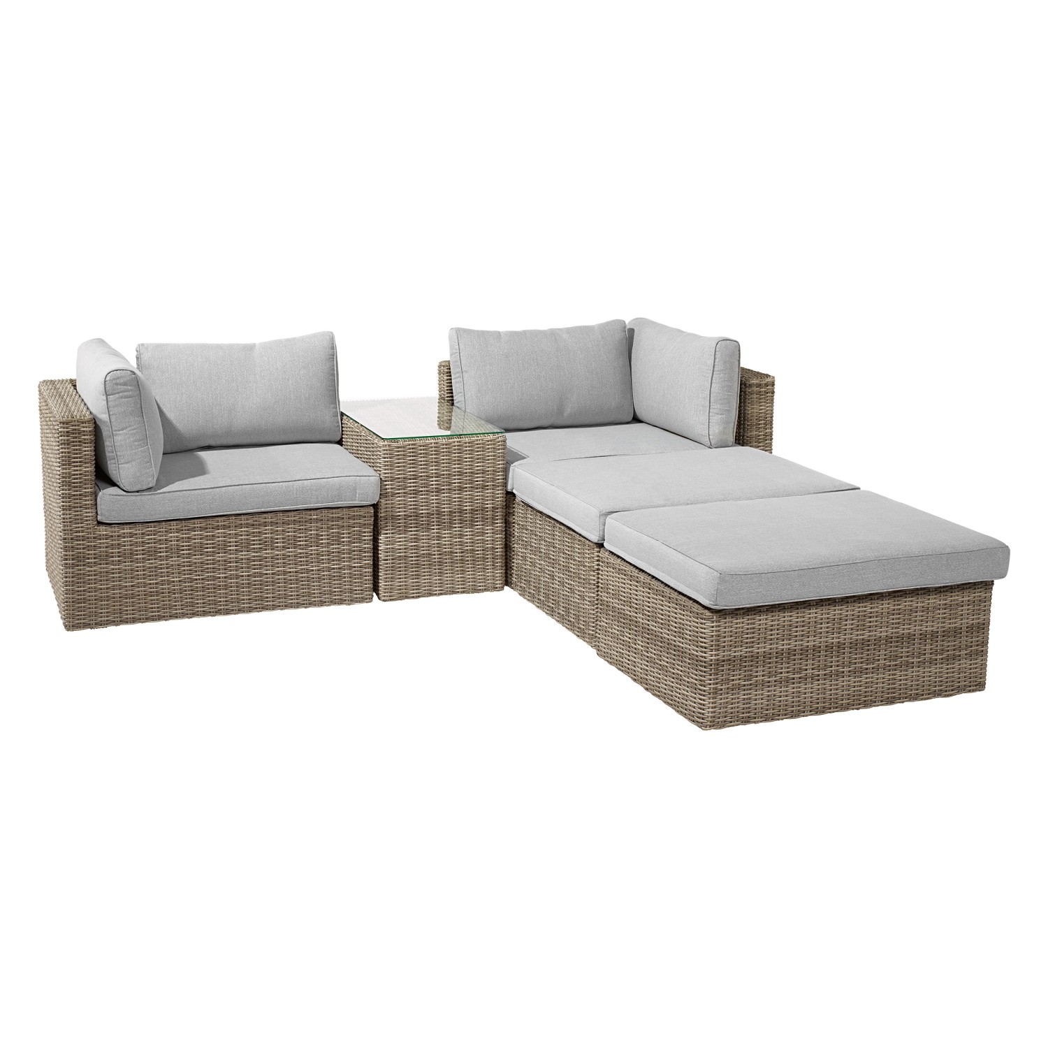 5-teiliges Lounge-Set Olea aus Polyrattan in Sand mit grauen Kissen und Glasplatte.