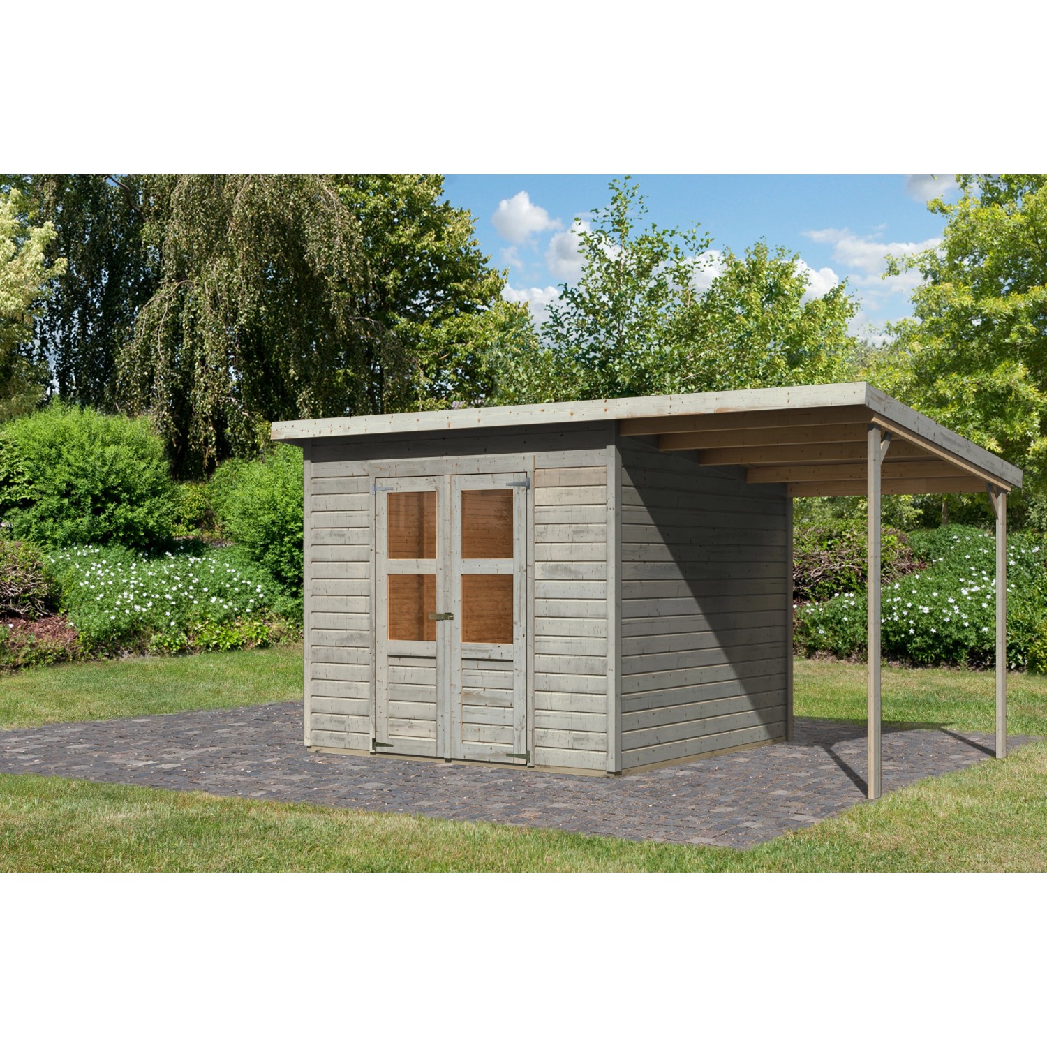 Karibu Gartenhaus Vellinge 6 m. Anbaudach Vorvergraut 219 x 238 x 240 cm günstig online kaufen