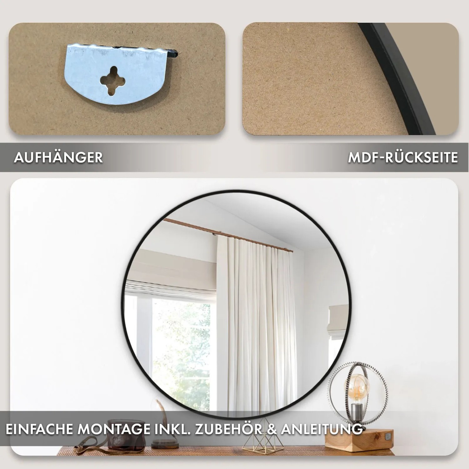 Floordirekt Wandspiegel Bella, runder Spiegel Ø 50cm mit schwarzem Aluminiumrahmen.