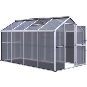 KGT Gewächshaus Galant IV, 8,8 m², Aluminiumfarben mit geöffneter Tür und Dachfenster.