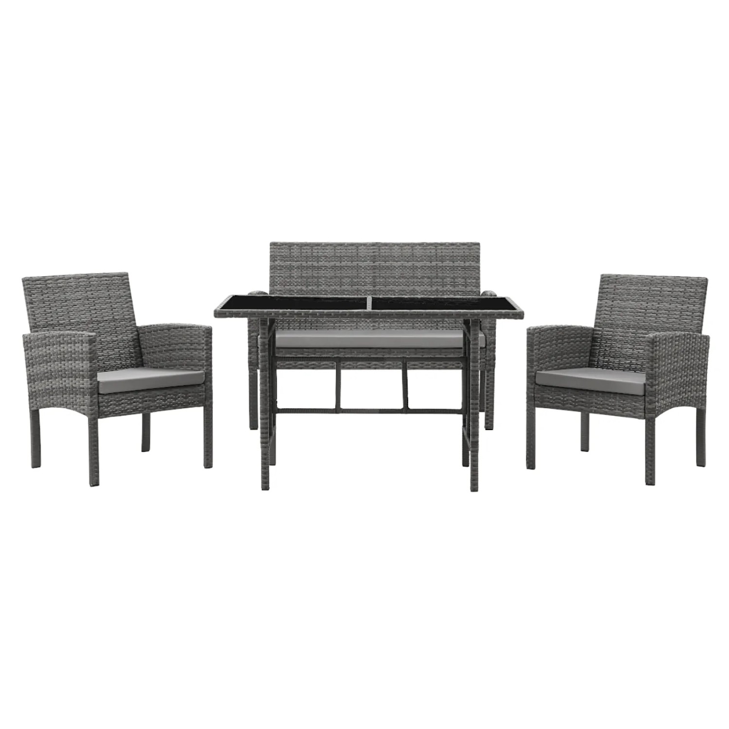 Graue Svita Brooklyn XL Rattan Essgruppe: Tisch, Sofa und zwei Sessel für den Garten.