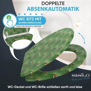 SANILO WC-Sitz mit grünem Kaktusmuster, Absenkautomatik und Schnellverschluss. Modernes Design für Ihr Bad.