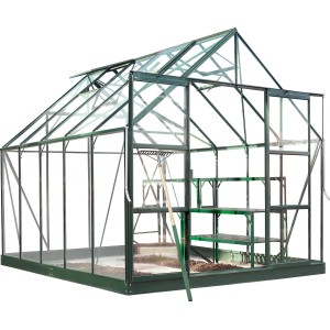 Halls Gewächshaus Magnum 108, grüne Aluminiumkonstruktion mit Glas, 8,3 m² Fläche.