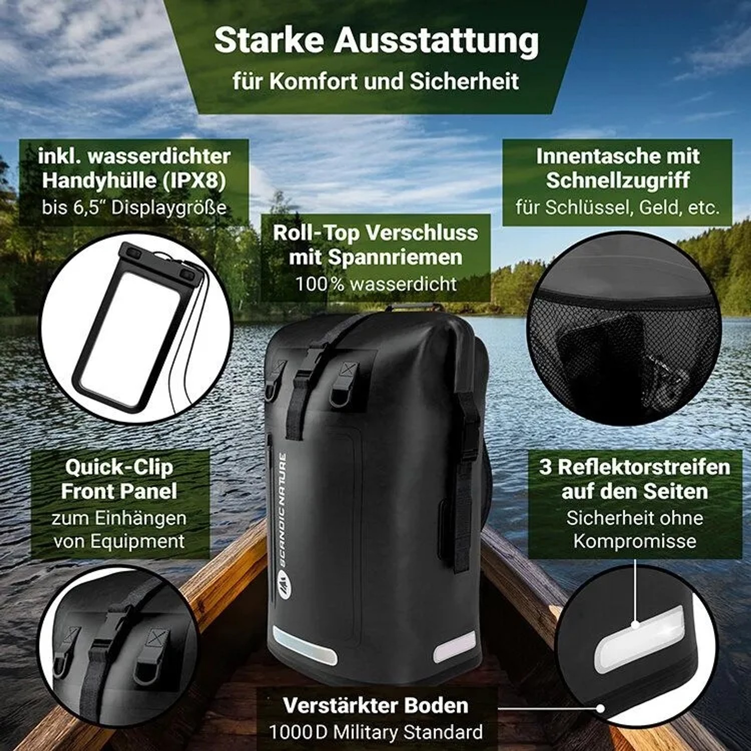 Schwarzer, wasserdichter SCANDIC NATURE Rucksack Pioneer 55L für Outdoor, Wandern und Trekking.