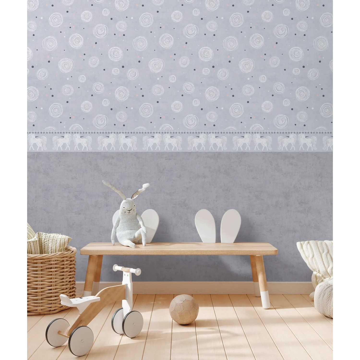 A.S. Creation Vlies-Bordüre Einhorn in Grau, Rosa, Weiß für Kinderzimmer.