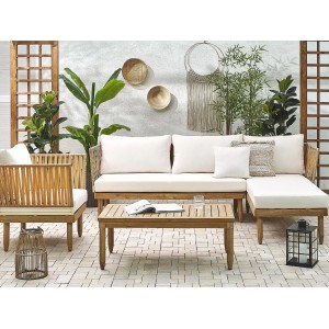 Beliani Lounge Set CREMONA, cremeweiß, aus Akazienholz mit Sofa, Sessel und Tisch für den Garten.