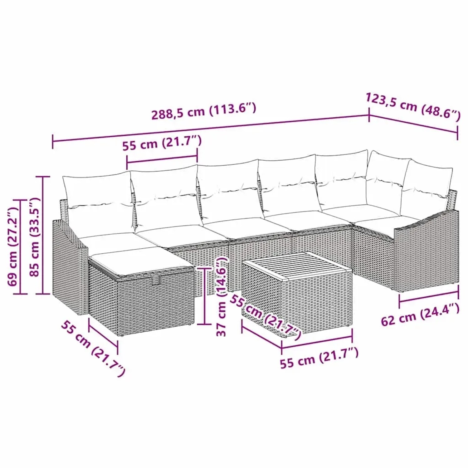 vidaXL Gartenmöbel-Set, 8-teilig, beige Poly Rattan, mit Kissen und Stauraum. Ideal für Terrasse und Garten.