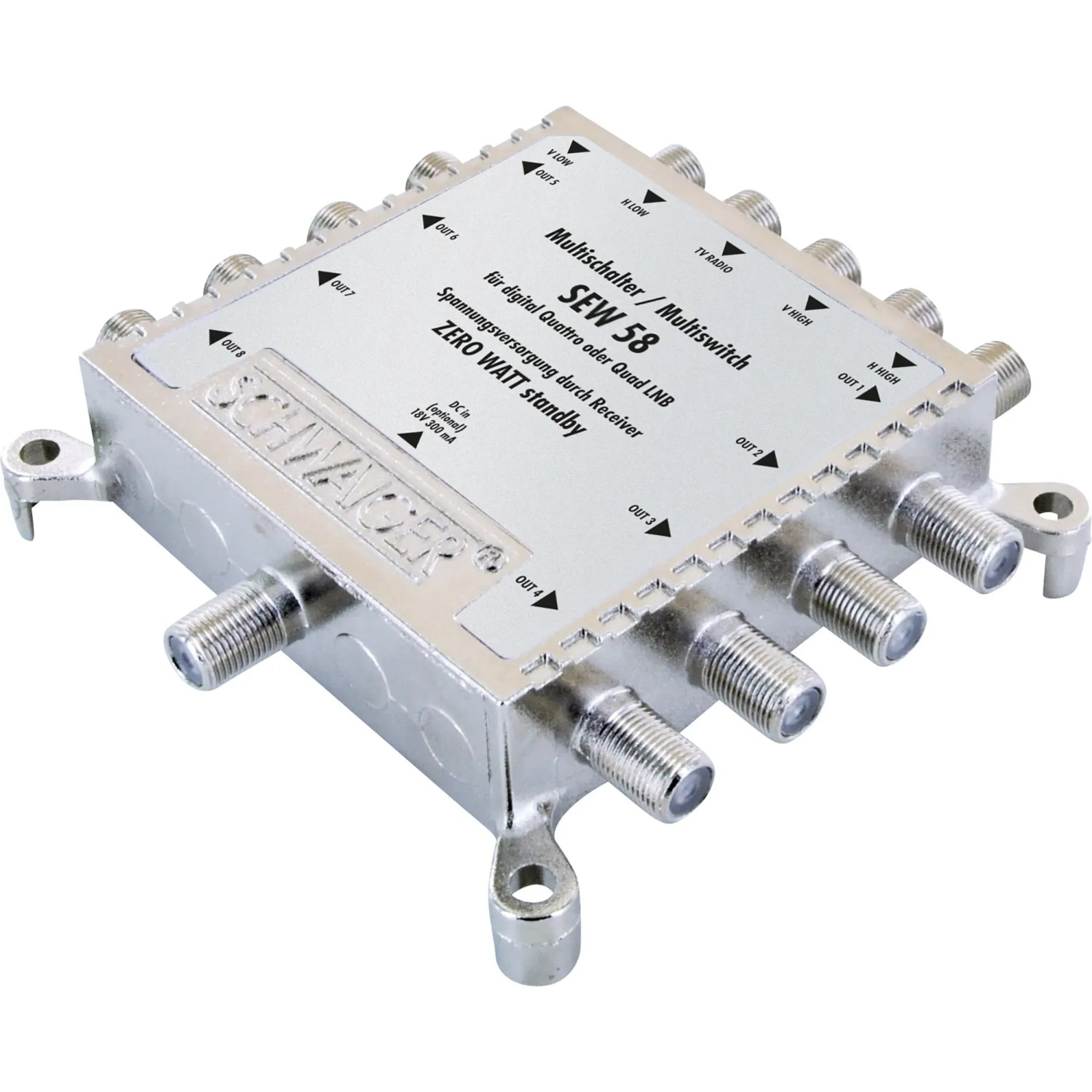 Schwaiger SAT-Multischalter 5-8 für bis zu 8 Teilnehmer, silbernes Metallgehäuse.