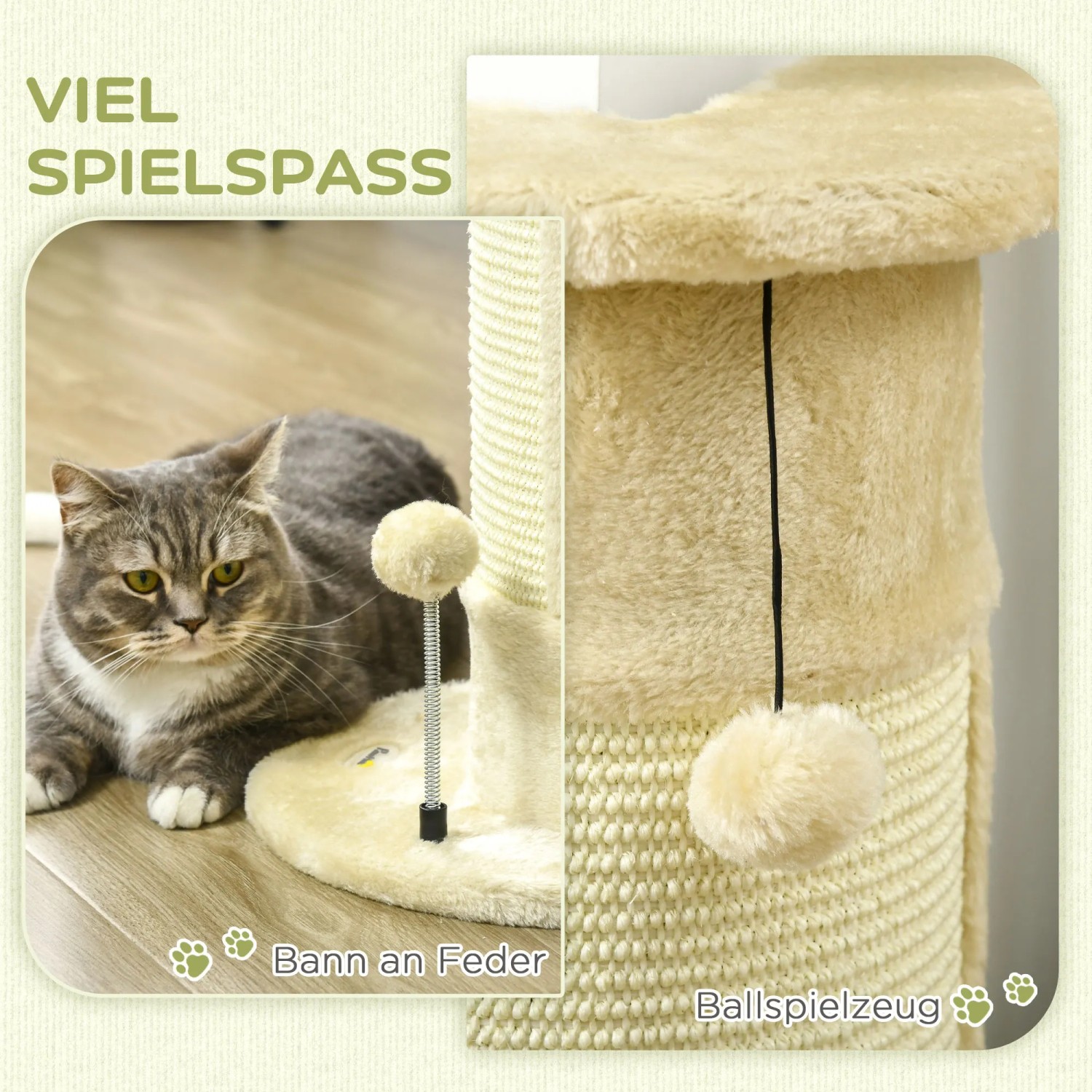 PawHut Kratzbaum Ecke mit Sisal, Kratzball und Katze. Platzsparender Kratzstamm für Indoor.