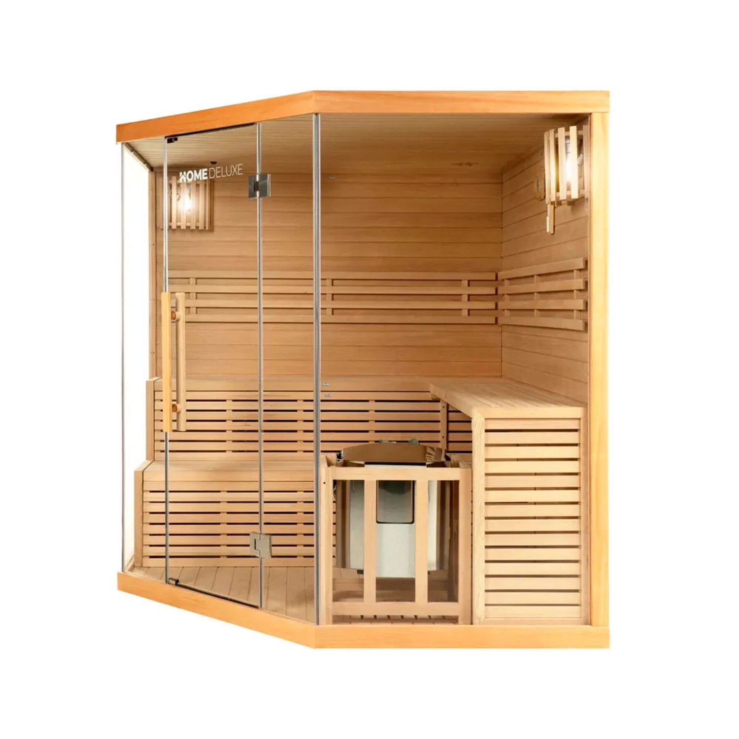 XL Sauna SKYLINE BIG aus Tannenholz mit Glasfront und Bänken. Ideal für Saunagänge.