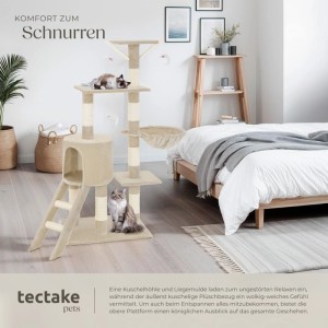 Beiger Tectake Kratzbaum Dominik, 144 cm hoch, mit Katzen und Spielzeugmäusen.
