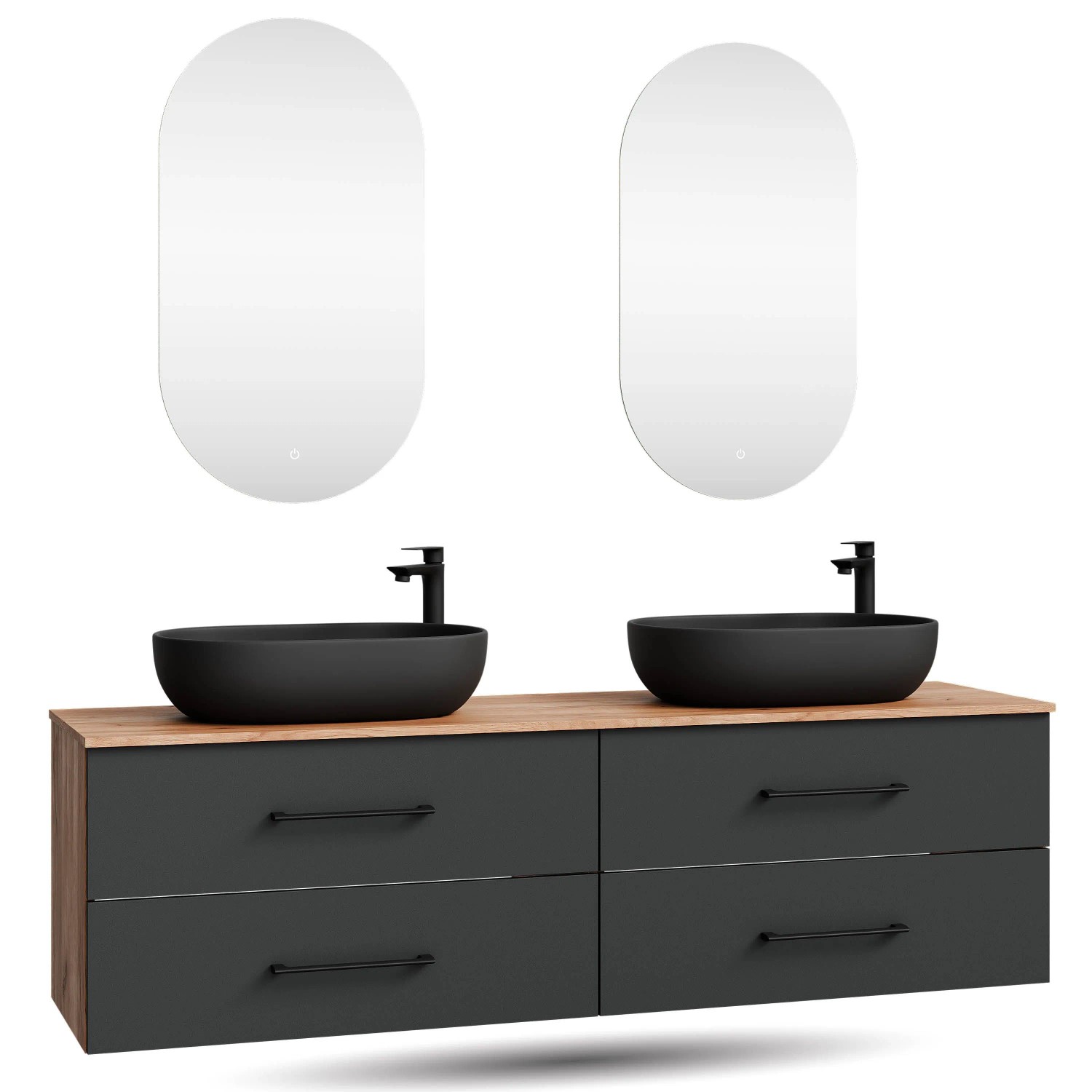 Planetmöbel LUX Doppelwaschtisch 180 cm mit 2 Aufsatzwaschbecken 60 cm Schwarz 2 LED Spiegel Soft Close