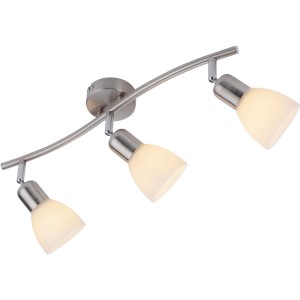 Stahlfarbener Just Light Spot Karo mit drei Leuchten und Opalglas-Schirmen.