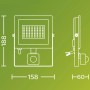 Skizze des schwarzen Philips Outdoor Flutlichts Lois mit Bewegungssensor und Maßangaben.