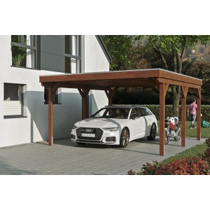 Skan Holz Carport Grunewald Nussbaum mit Aluminiumdach, Auto und Motorrad untergestellt.